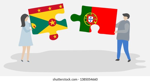 Couple holding two puzzles pieces with Grenadian and Portuguese flags. Grenada and Portugal national symbols together.