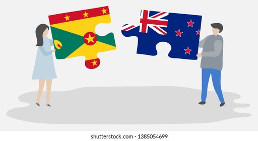 Couple holding two puzzles pieces with Grenadian and NZ flags. Grenada and New Zealand national symbols together.