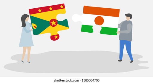 Couple holding two puzzles pieces with Grenadian and Nigerien flags. Grenada and Niger national symbols together.