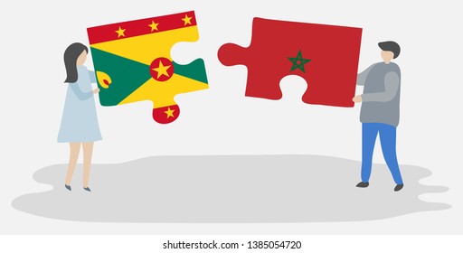 Couple holding two puzzles pieces with Grenadian and Moroccan flags. Grenada and Morocco national symbols together.