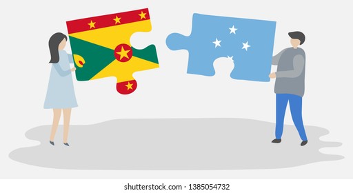 Couple holding two puzzles pieces with Grenadian and Micronesian flags. Grenada and Micronesia national symbols together.
