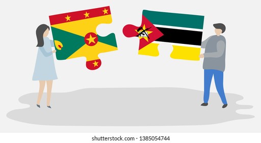 Couple holding two puzzles pieces with Grenadian and Mozambican flags. Grenada and Mozambique national symbols together.