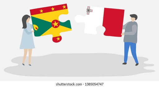 Couple holding two puzzles pieces with Grenadian and Maltese flags. Grenada and Malta national symbols together.