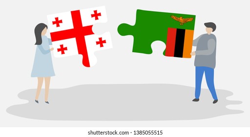 Couple holding two puzzles pieces with Georgian and Zambian flags. Georgia and Zambia national symbols together.