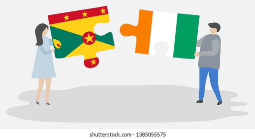 Couple holding two puzzles pieces with Grenadian and Ivorian flags. Grenada and Ivory Coast national symbols together.