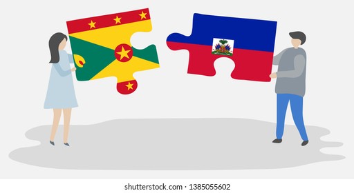 Couple holding two puzzles pieces with Grenadian and Haitian flags. Grenada and Haiti national symbols together.