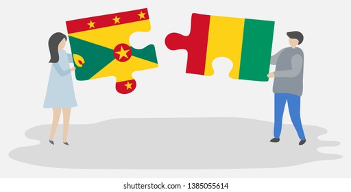 Couple holding two puzzles pieces with Grenadian and Guinean flags. Grenada and Guinea national symbols together.