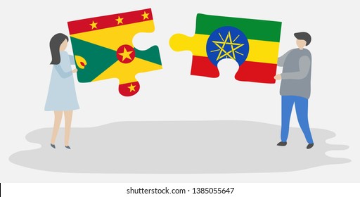 Couple holding two puzzles pieces with Grenadian and Ethiopian flags. Grenada and Ethiopia national symbols together.