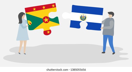 Couple holding two puzzles pieces with Grenadian and Salvadoran flags. Grenada and El Salvador national symbols together.