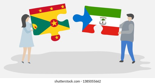 Couple holding two puzzles pieces with Grenadian and Equatorial Guinean flags. Grenada and Equatorial Guinea national symbols together.