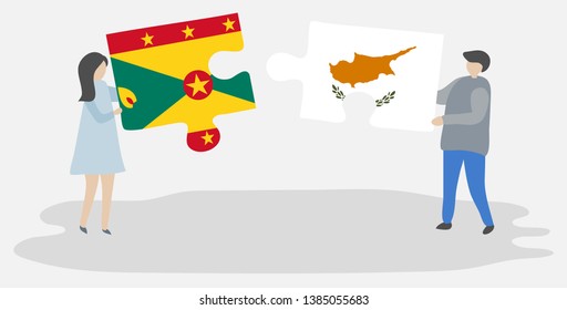 Couple holding two puzzles pieces with Grenadian and Cypriot flags. Grenada and Cyprus national symbols together.