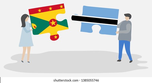 Couple holding two puzzles pieces with Grenadian and Motswana flags. Grenada and Botswana national symbols together.