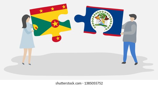 Couple holding two puzzles pieces with Grenadian and Belizean flags. Grenada and Belize national symbols together.