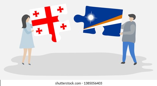 Couple holding two puzzles pieces with Georgian and Marshallese flags. Georgia and Marshall Islands national symbols together.