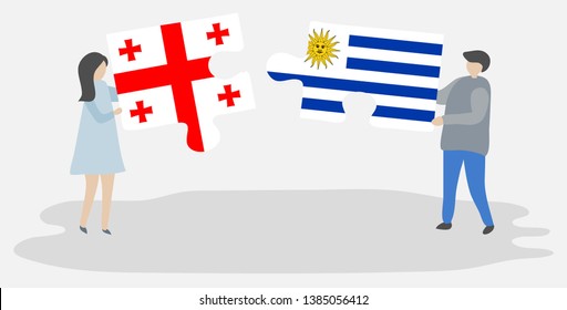 Couple holding two puzzles pieces with Georgian and Uruguayan flags. Georgia and Uruguay national symbols together.