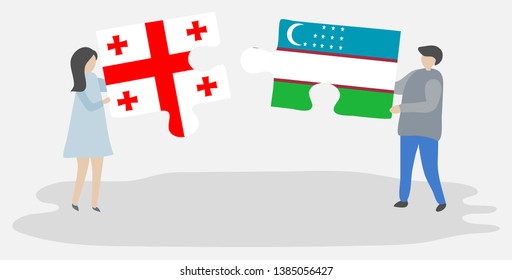 Couple holding two puzzles pieces with Georgian and Uzbek flags. Georgia and Uzbekistan national symbols together.