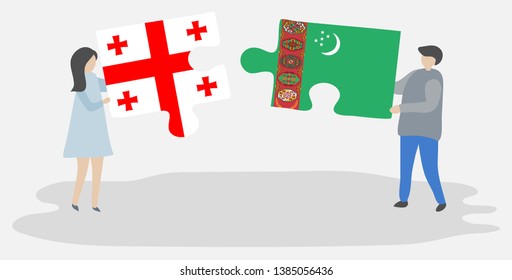 Couple holding two puzzles pieces with Georgian and Turkmen flags. Georgia and Turkmenistan national symbols together.