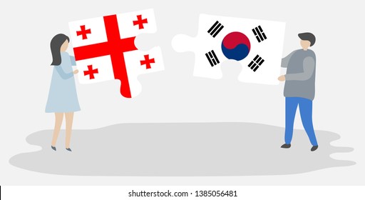 Couple holding two puzzles pieces with Georgian and South Korean flags. Georgia and South Korea national symbols together.