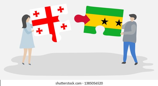 Couple holding two puzzles pieces with Georgian and Sao Tomean flags. Georgia and Sao Tome and Principe national symbols together.