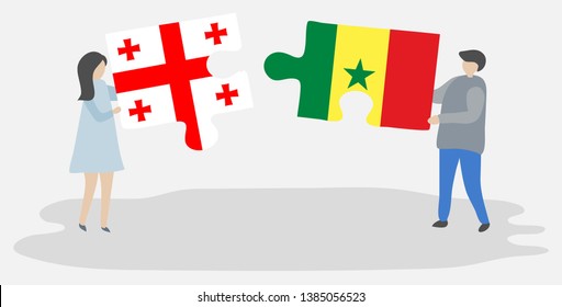 Couple holding two puzzles pieces with Georgian and Senegalese flags. Georgia and Senegal national symbols together.