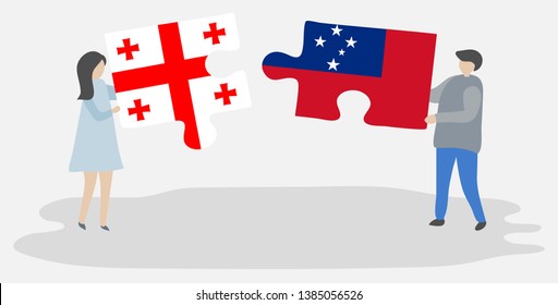 Couple Holding Two Puzzles Pieces With Georgian And Samoan Flags. Georgia And Samoa National Symbols Together.