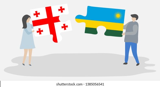 Couple holding two puzzles pieces with Georgian and Rwandan flags. Georgia and Rwanda national symbols together.