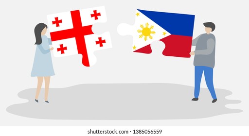 Couple holding two puzzles pieces with Georgian and Filipino flags. Georgia and Philippines national symbols together.