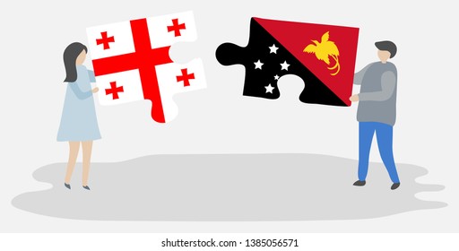 Couple holding two puzzles pieces with Georgian and Papuan flags. Georgia and Papua New Guinea national symbols together.