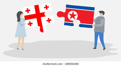 Couple holding two puzzles pieces with Georgian and North Korean flags. Georgia and North Korea national symbols together.