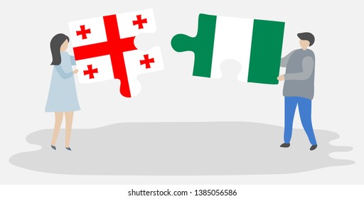 Couple holding two puzzles pieces with Georgian and Nigerian flags. Georgia and Nigeria national symbols together.