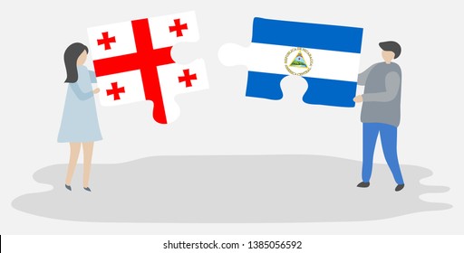 Couple holding two puzzles pieces with Georgian and Nicaraguan flags. Georgia and Nicaragua national symbols together.