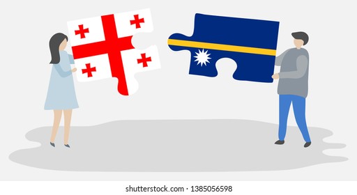 Couple holding two puzzles pieces with Georgian and Nauruan flags. Georgia and Nauru national symbols together.
