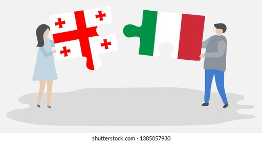 Couple holding two puzzles pieces with Georgian and Italian flags. Georgia and Italy national symbols together.