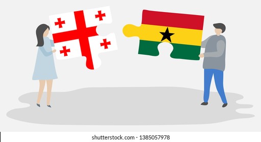Couple holding two puzzles pieces with Georgian and Ghanaian flags. Georgia and Ghana national symbols together.