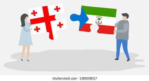 Couple holding two puzzles pieces with Georgian and Equatorial Guinean flags. Georgia and Equatorial Guinea national symbols together.