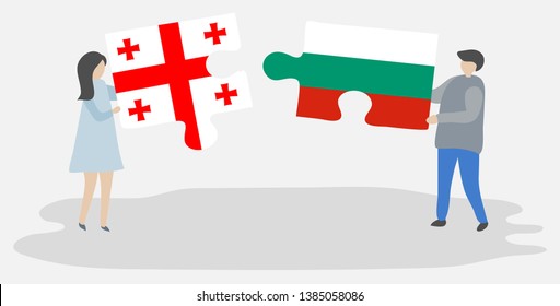 Couple holding two puzzles pieces with Georgian and Bulgarian flags. Georgia and Bulgaria national symbols together.