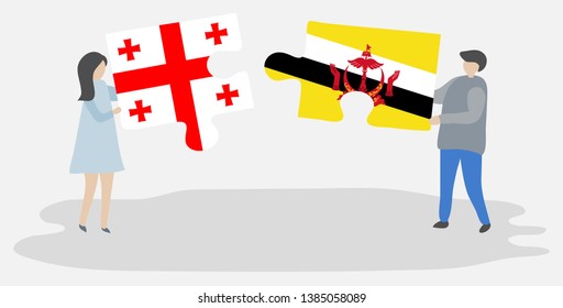 Couple holding two puzzles pieces with Georgian and Bruneian flags. Georgia and Brunei national symbols together.