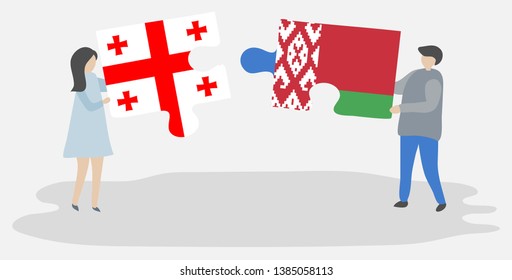 Couple holding two puzzles pieces with Georgian and Belarusian flags. Georgia and Belarus national symbols together.
