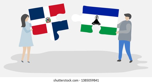 Couple holding two puzzles pieces with Dominican and Basotho flags. Dominican Republic and Lesotho national symbols together.