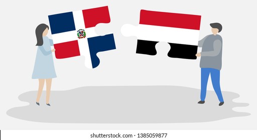 Couple holding two puzzles pieces with Dominican and Yemeni flags. Dominican Republic and Yemen national symbols together.