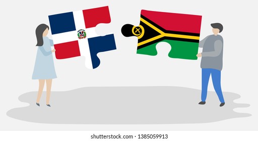 Couple holding two puzzles pieces with Dominican and Vanuatuan flags. Dominican Republic and Vanuatu national symbols together.