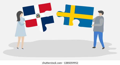 Couple holding two puzzles pieces with Dominican and Swedish flags. Dominican Republic and Sweden national symbols together.