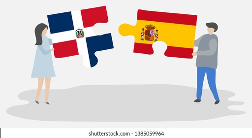Couple holding two puzzles pieces with Dominican and Spanish flags. Dominican Republic and Spain national symbols together.