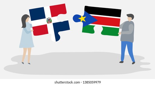 Couple holding two puzzles pieces with Dominican and South Sudanese flags. Dominican Republic and South Sudan national symbols together.