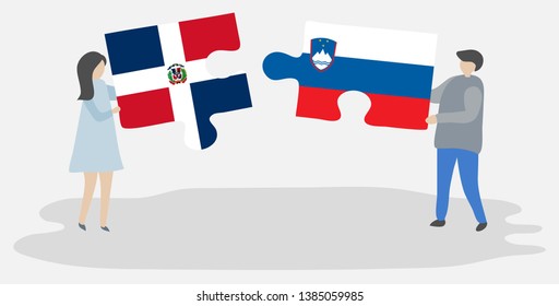 Couple holding two puzzles pieces with Dominican and Slovenian flags. Dominican Republic and Slovenia national symbols together.