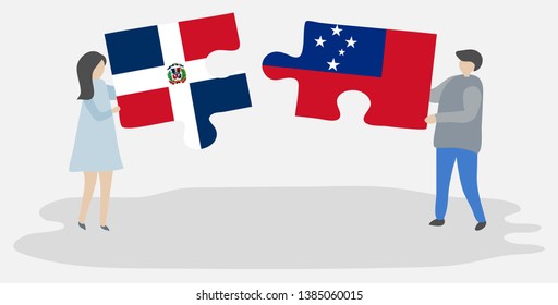 Couple Holding Two Puzzles Pieces With Dominican And Samoan Flags. Dominican Republic And Samoa National Symbols Together.