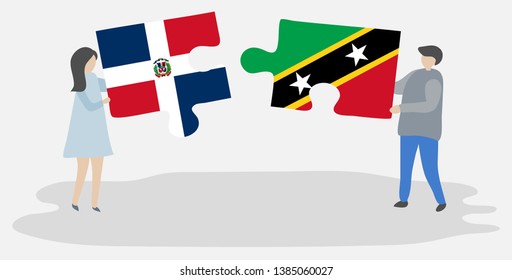 Couple holding two puzzles pieces with Dominican and Kittitian flags. Dominican Republic and Saint Kitts and Nevis national symbols together.