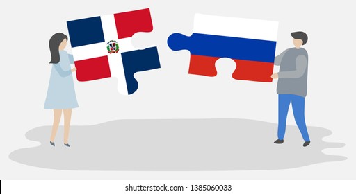 Couple holding two puzzles pieces with Dominican and Russian flags. Dominican Republic and Russia national symbols together.