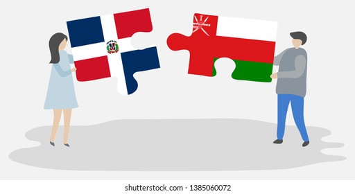 Couple holding two puzzles pieces with Dominican and Omani flags. Dominican Republic and Oman national symbols together.