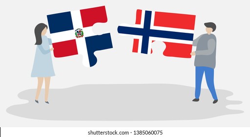 Couple holding two puzzles pieces with Dominican and Norwegian flags. Dominican Republic and Norway national symbols together.